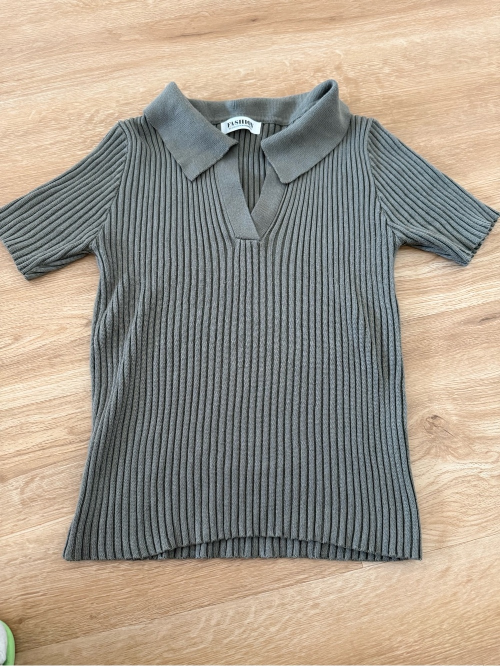 Ribbed Short Sleeve Polo Top - Olive Gray